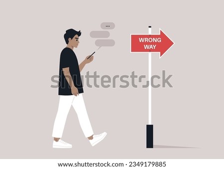 Young Caucasian character addicted to their smartphone ignoring a banana peel on their way