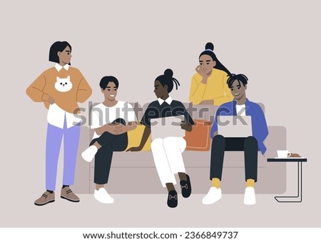 A diverse group of employees engaging in a relaxed and supportive discussion about a project milestone while seated on a sofa, displaying curiosity and camaraderie
