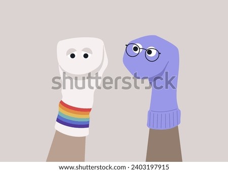 In a psychotherapy session, an upset queer patient finding solace in expressing emotions through sock puppets, aiding in communication and processing feelings