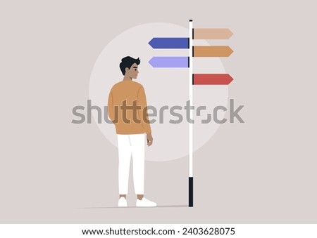 A pivotal moment for a character standing before a signpost adorned with multiple directional arrows, symbolizing various life paths, signifying a decision with profound implications