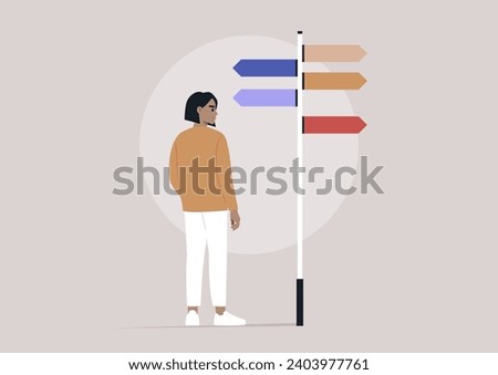 A pivotal moment for a character standing before a signpost adorned with multiple directional arrows, symbolizing various life paths, signifying a decision with profound implications