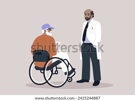 A healthcare worker engages in a compassionate discussion about a diagnosis with a senior patient seated in a wheelchair