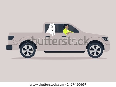 A fluffy white Samoyed leans out the open window of a modern pickup truck, relishing the fresh breeze while its human companion focuses on driving, The serene light indicates a bright, sun-filled day
