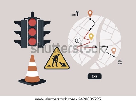 Anticipating Delays on the road, A stylized depiction of city navigation with traffic signals, roadwork signage, and a mapped route showing an estimated arrival time