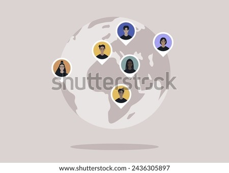 Global Connections, Diverse Avatars United on a Digital Earth, A variety of character pins on a stylized globe representing worldwide social interaction