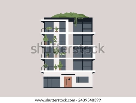 Urban Oasis, Verdant Balconies Adorn a Modern Condo at Twilight, A modern housing estate becomes a vertical garden with lush plants on each balcony