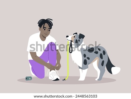 Pre-Walk Ritual, Lacing Up for Adventure With a Devoted Border Collie, A person ties their sneakers, anticipating a leisurely walk, as their attentive puppy waits