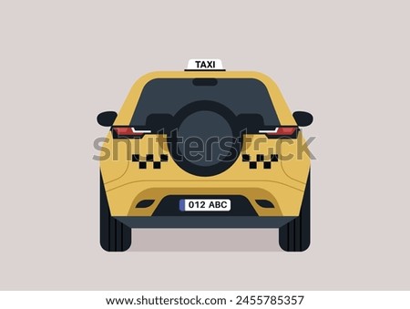 A yellow taxi cab with a spare tire and checkered pattern, a rear view