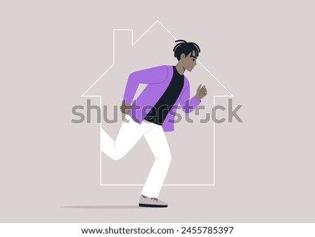 Sprint of Independence, a person Escaping the Confines of Home, A character dashes forward, symbolically breaking free from a house outline