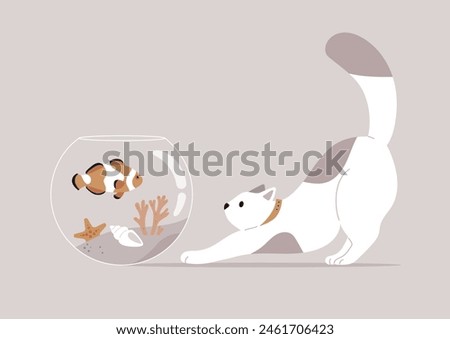 Enchanted Encounter, A Curious Cat Stretches Towards a Fishbowl, A playful cat reaches out to a fish tank with vivid clownfish inside, against a beige backdrop