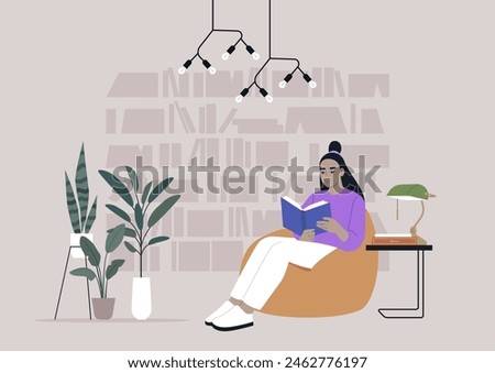 A person enjoying a peaceful reading session in a contemporary library, relaxing on a bean bag chair surrounded by books and plants under modern lighting