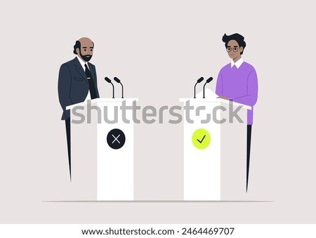 Captivating Debate Session Between Two Competing Ideologies, Two individuals engage in a spirited debate, standing at podiums marked with contrasting symbols