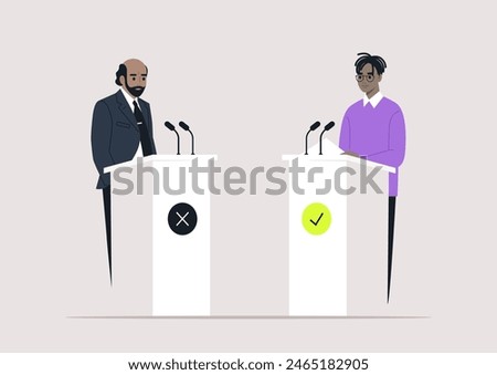 Captivating Debate Session Between Two Competing Ideologies, Two individuals engage in a spirited debate, standing at podiums marked with contrasting symbols