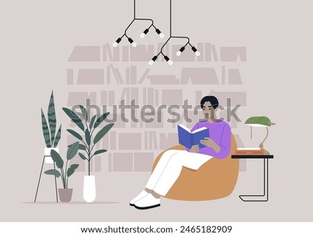 A person enjoying a peaceful reading session in a contemporary library, relaxing on a bean bag chair surrounded by books and plants under modern lighting