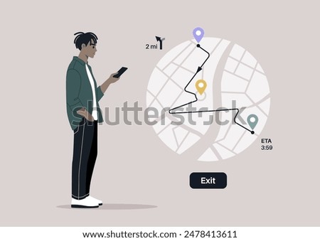 A character intently focused on their smartphone, using the GPS map with pins set along a specific route, likely navigating their way with technology