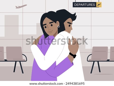 A Tender Farewell at the Departure Gate, Two characters embrace in a heartfelt goodbye at an airport departing area