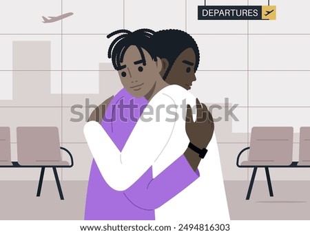 A Tender Farewell at the Departure Gate, Two characters embrace in a heartfelt goodbye at an airport departing area