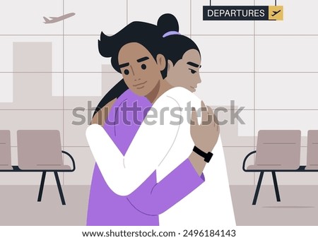 A Tender Farewell at the Departure Gate, Two characters embrace in a heartfelt goodbye at an airport departing area