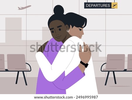 A Tender Farewell at the Departure Gate, Two characters embrace in a heartfelt goodbye at an airport departing area