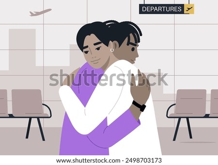 A Tender Farewell at the Departure Gate, Two characters embrace in a heartfelt goodbye at an airport departing area