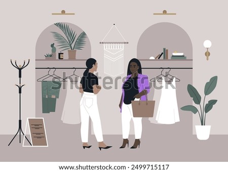 A stylish plus size customer engages with a fashion consultant in a chic boutique filled with elegant clothing and accessories