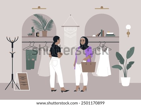 A stylish plus size customer engages with a fashion consultant in a chic boutique filled with elegant clothing and accessories