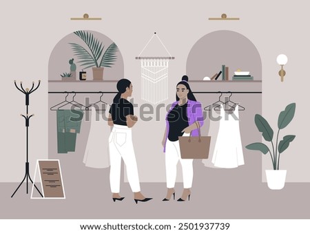 A stylish plus size customer engages with a fashion consultant in a chic boutique filled with elegant clothing and accessories