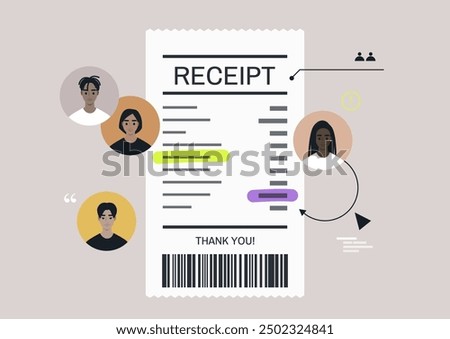 Group bill split receipt with detailed breakdown and illustrations of participants in a collaborative expense sharing setting