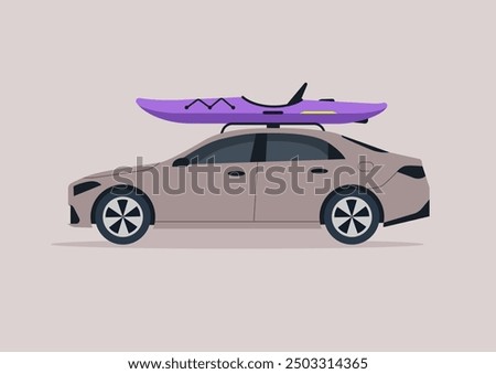 A sedan with a vibrant purple canoe atop it is ready for a summer adventure, showcasing a unique blend of land and water travel