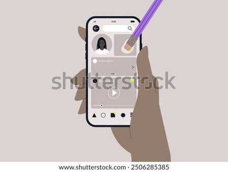 A hand holds a smartphone displaying a social media interface, as a stylus erases elements from the screen, showcasing digital creativity