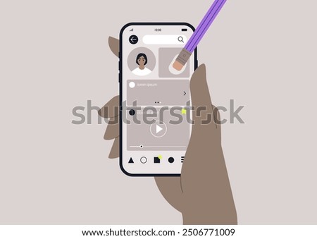 A hand holds a smartphone displaying a social media interface, as a stylus erases elements from the screen, showcasing digital creativity