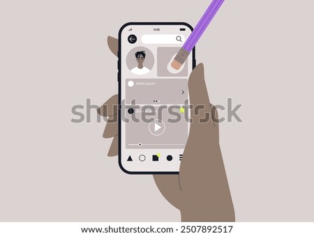 A hand holds a smartphone displaying a social media interface, as a stylus erases elements from the screen, showcasing digital creativity