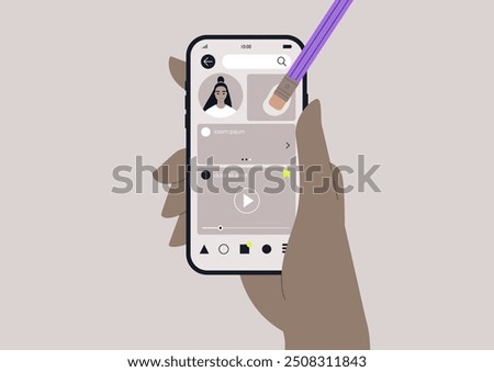 A hand holds a smartphone displaying a social media interface, as a stylus erases elements from the screen, showcasing digital creativity