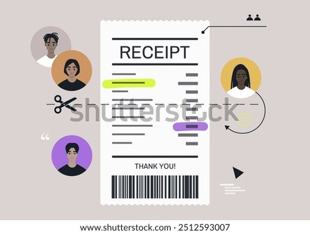 Group bill split receipt with detailed breakdown and illustrations of participants in a collaborative expense sharing setting