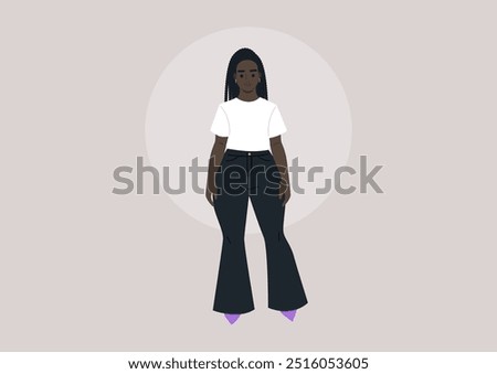 Channeling bright fashion choices, a plus-size model stands proud in a white t-shirt, bell-bottom pants, and vibrant pointed heels, promoting body positivity and personal style