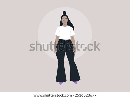 Channeling bright fashion choices, a plus-size model stands proud in a white t-shirt, bell-bottom pants, and vibrant pointed heels, promoting body positivity and personal style