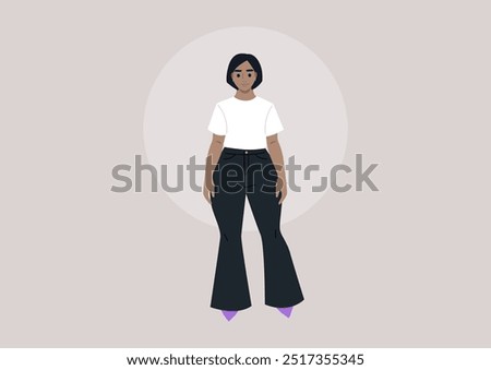 Channeling bright fashion choices, a plus-size model stands proud in a white t-shirt, bell-bottom pants, and vibrant pointed heels, promoting body positivity and personal style