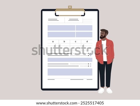 A character leans casually beside a clipboard displaying forms and data in a contemporary office environment, emphasizing the significance of paperwork in professional life