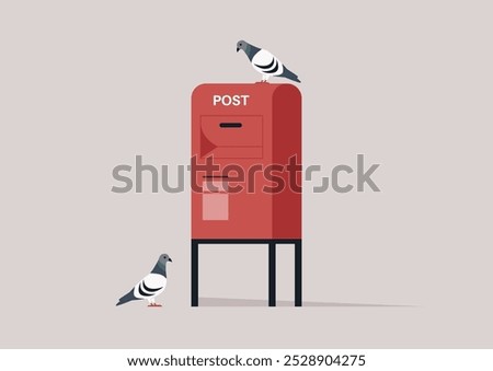 A pair of curious pigeons interact with a bright red post box, embodying urban life as they add a lively touch to the afternoon, evoking a sense of community and spontaneity