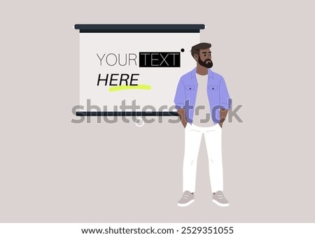 A bearded man stands confidently next to a presentation board, ready to engage an audience with captivating ideas in a contemporary setting filled with creativity