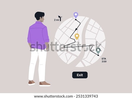 A traveler stands intently looking at a navigation map, considering their journey ahead, The map illustrates a winding route leading to an exit, with estimated travel time clearly marked