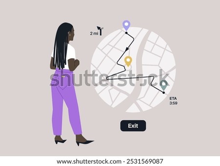 A traveler stands intently looking at a navigation map, considering their journey ahead, The map illustrates a winding route leading to an exit, with estimated travel time clearly marked