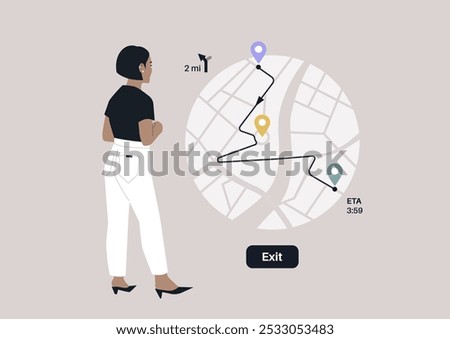 A traveler stands intently looking at a navigation map, considering their journey ahead, The map illustrates a winding route leading to an exit, with estimated travel time clearly marked