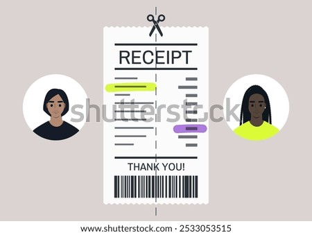 Creative illustration of two diverse characters splitting a receipt as they share costs, reflecting modern financial habits and communal living in a lively urban setting