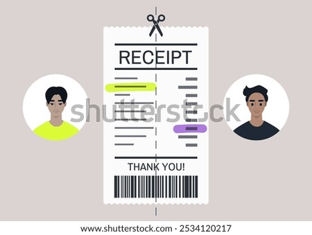 Creative illustration of two diverse characters splitting a receipt as they share costs, reflecting modern financial habits and communal living in a lively urban setting