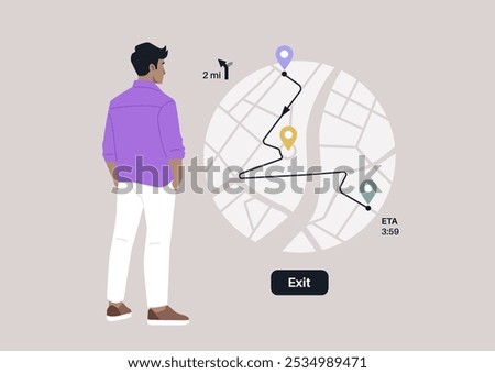 A traveler stands intently looking at a navigation map, considering their journey ahead, The map illustrates a winding route leading to an exit, with estimated travel time clearly marked