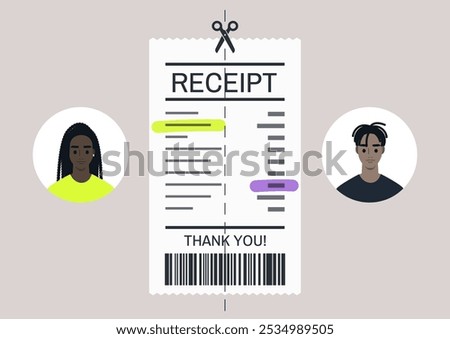 Creative illustration of two diverse characters splitting a receipt as they share costs, reflecting modern financial habits and communal living in a lively urban setting