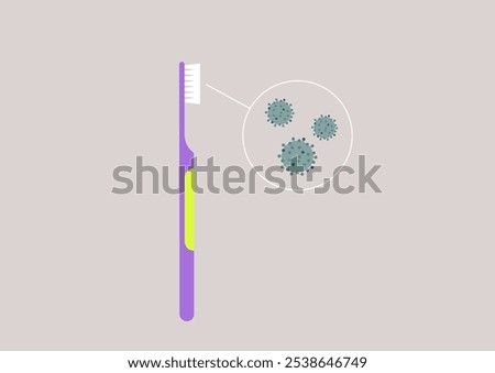 A toothbrush stands upright, showcasing tiny bacteria lurking on its bristles, highlighting the need for thorough cleaning and awareness in daily oral care routines