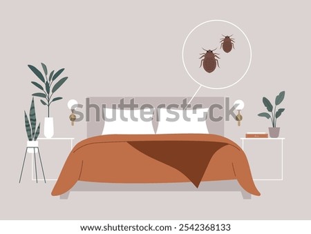 A beautifully styled queen-size bed sits in a modern bedroom, adorned with soft pillows and warm blankets, while tiny bed bugs are depicted nearby, emphasizing an unsettling situation