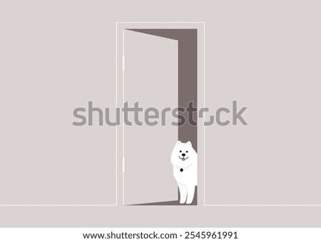 The fluffy Samoyed stands happily at the threshold of an open door, its charming expression brightening the minimalist room filled with soft colors and light